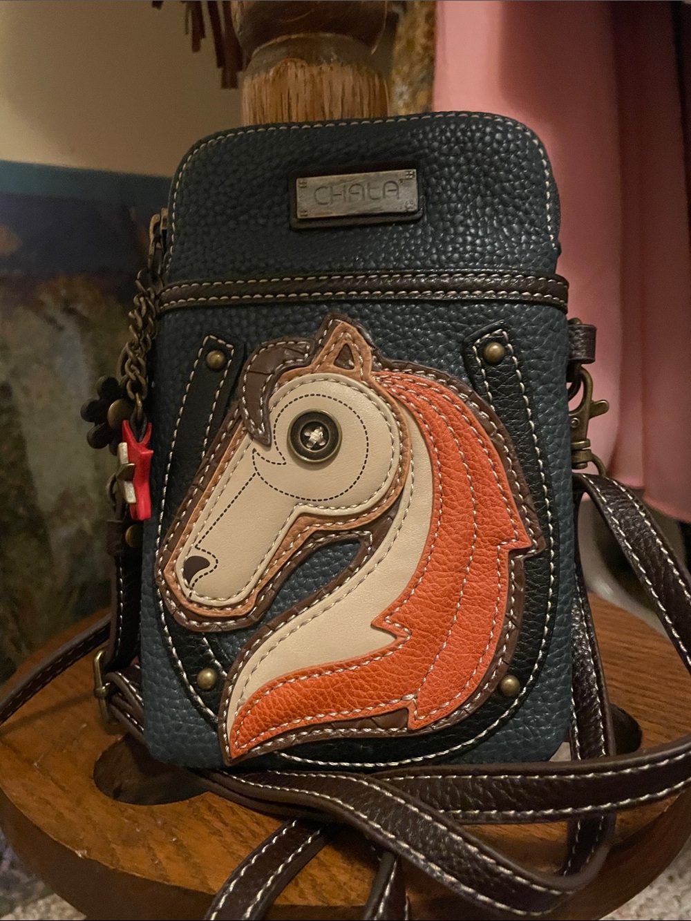 Chala Blue Crossbody Bag with Horse Applique - Leather Accent